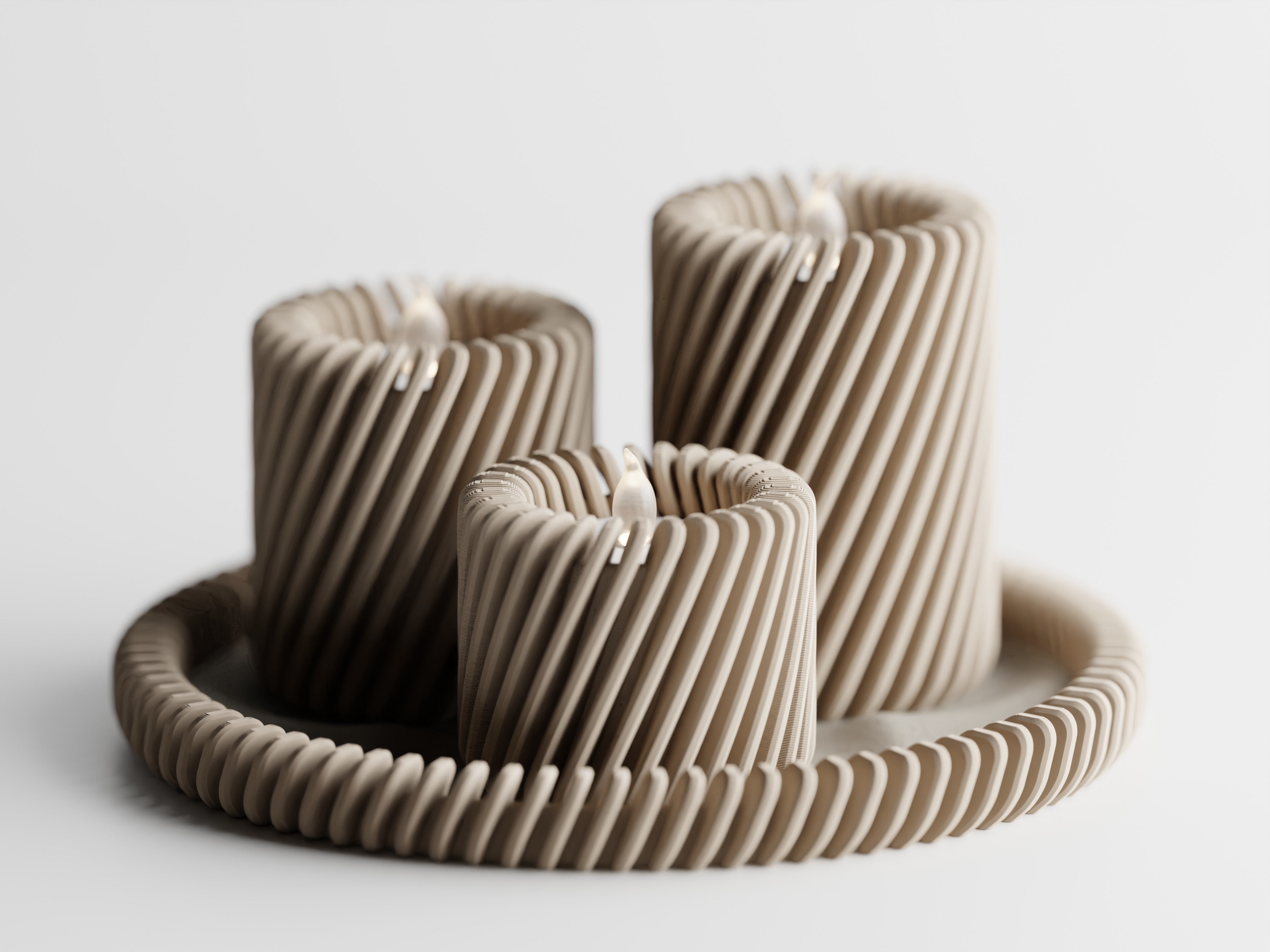 3D Printed Twisted Rib Tealight Holder Set – Spiral Texture with Matching Tray
