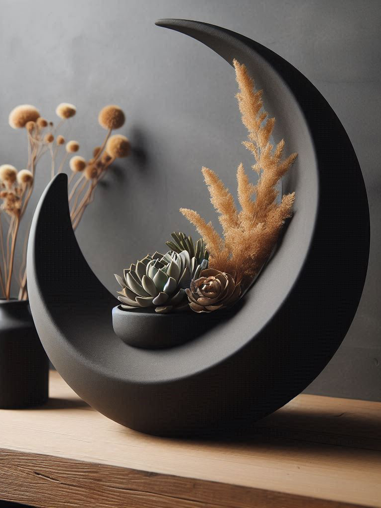 Modern 3D Printed Crescent Moon Planter – Matte Black Freestanding Design