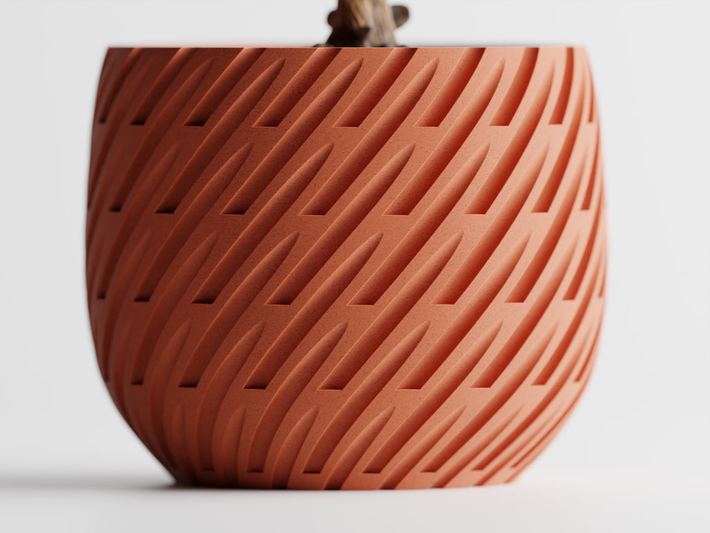 Modern Curved Plant Pot – Angled Slash / Diagonal Line Pattern