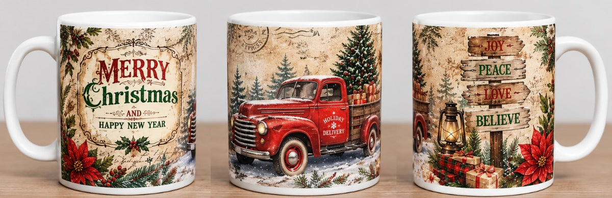 Vintage Christmas Truck 11oz Mug – Merry Christmas & Holiday Delivery Design