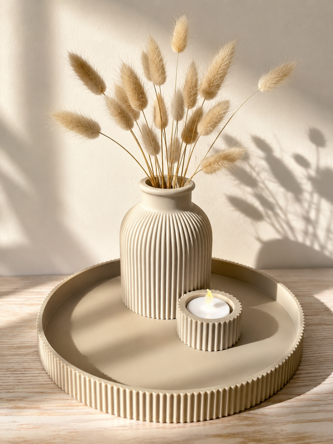 Calm Ribbed Decor Set: Tray, Vase & Candle Holder